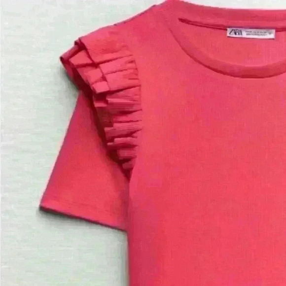 Zara Ruffle Sleeve Hot Pink Bodysuit Barbie Barbiecore size S Crew neck - Picture 3 of 11